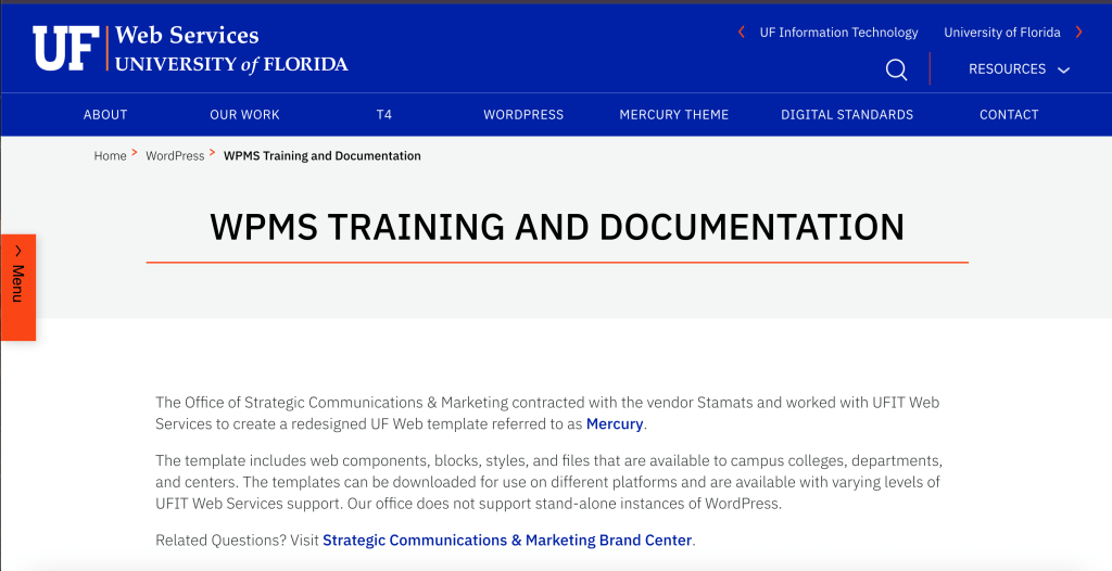 Screenshot of the WPMS Documentation & Training webpage of UFIT's Web Services website.